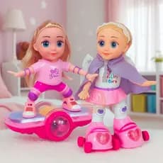 Boneca Patins Skate Iluminada Com Luzes Anda Sozinha Divertida Para Crianças Roupa Rosa e Branca