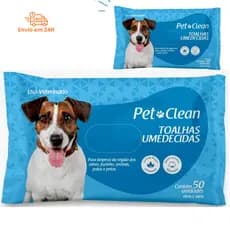 Toalhas Lenços Umedecidos Higiênicos Solução Banho Limpeza Pet Cão e Gato 50 Unidades