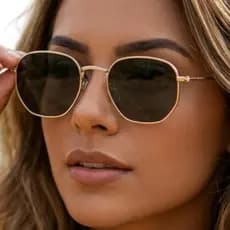Óculos de Sol Hexagonal Unissex Metal Dourado UV400 Lente Escura Estilo Moderno Fashion MD-04