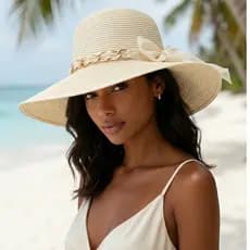 Chapéu Floppy Feminino Aba Grande De Palha Com Corrente Dourada Praia Piscina Verão Elegante CPF-13