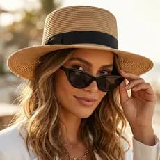 Chapéu De Praia Feminino Palha Aba Média Estilo Paris + Óculos Gatinho Preto Proteção UV400