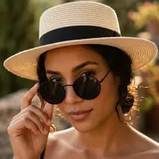 Kit Chapéu Aba Média Paris + Óculos Redondo MD-26 UV400 Unissex Estilo Praia Casual Proteção Solar