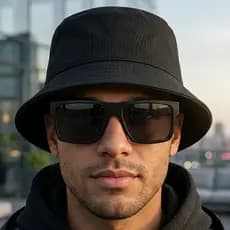 Kit Bucket Hat Preto Com Óculos de Sol Retangular Masculino Urbano UV400 MD-40