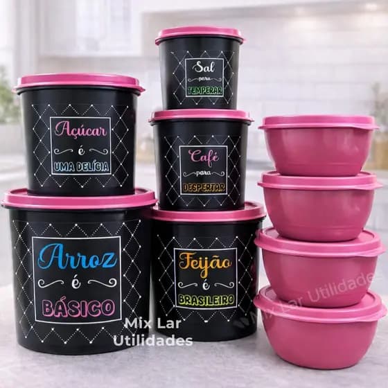 Kit de potes para mantimentos de cozinha + 4 potes redondos organizadores
