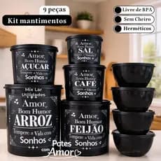 Kit com 9 potes para mantimentos de cozinha de plástico decorado