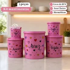 Kit mantimentos de cozinha com 5 potes organizadores de plástico