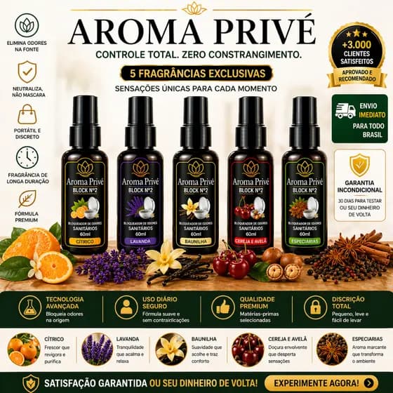 Aroma Privé Spray Sanitário Bloqueador de Odores Portátil Banheiro 60ml Vários Aromas