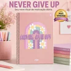 Caderno Universitário Feminino Capa Dura 80 Folhas Never Give Up Escolar Motivacional Rosa Pratico