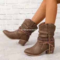 Moda feminina plissada boca V Plus Size botas cano médio