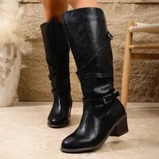 Botas femininas pretas de couro longas antiderrapantes à prova d'água com bico fino