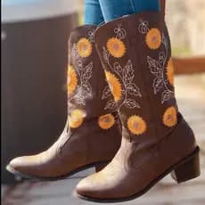 Botas femininas Plus Size cavaleiro bordadas estilo étnico salto cunha feminino
