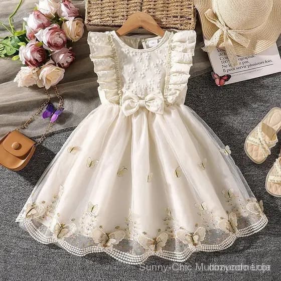 Vestido para Meninas de 4 a 7 Anos, Novo Vestido de Verão com Renda de Flor em Malha de Borboleta Sem Mangas