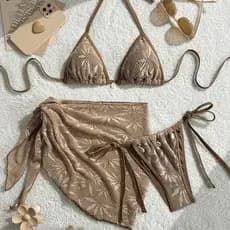 Novo biquíni de três peças tecido texturizado sem alças sem costas Split bikini maiô feminino