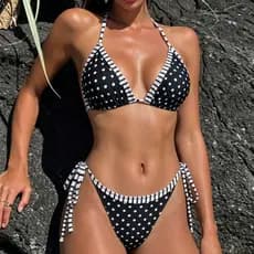 Biquíni Triângulo Polka Dot Print Laced-Up Split Biquíni Maiô