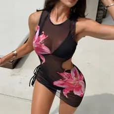 Europeu americano novo estilo de três peças maiô feminino malha impressa flor biquíni praia biquíni