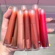 3CE Velvet Lip Glaze 3.2g, batom que não transfere facilmente, maquiagem em tons nude e laranja.