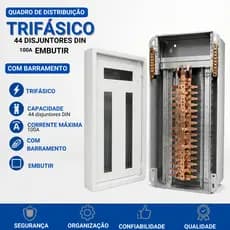 Quadro de Distribuição Trifásico 44 Disjuntores DIN 100A Embutir com Barramento