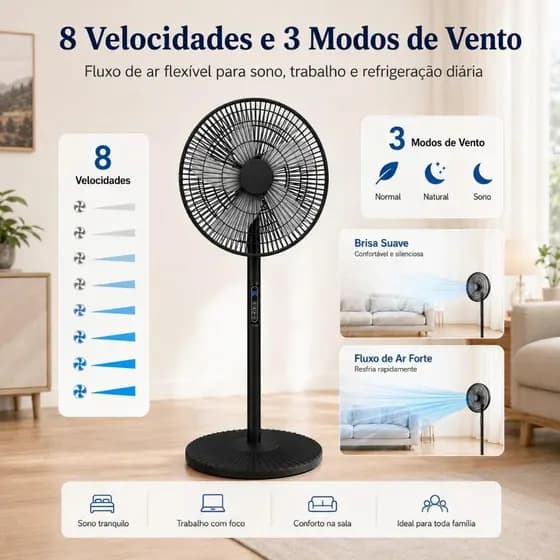 Ventilador De Coluna De Chão Turbo Vento Forte 8 Velocidades e 3 Modos de Vento Silenciosa (45dB)