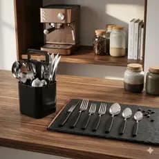 Conjunto Talheres Verona 25 Pecas Preto Aco Inox Lavavel Design Moderno Resistente Com Suporte