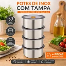 Conjunto Potes Hermeticos Inox 450ml Redondo Vedacao Segura Alta Durabilidade Empilhável