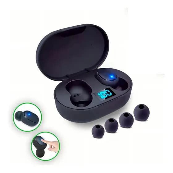 Fone De Ouvido In-Ear Sem Fio E6S Preto Com Luz Led