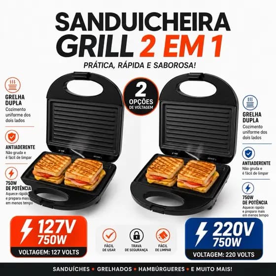 SANDUICHEIRA ELÉTRICA 220v ou 127v GRILL Prensa Dupla 2 em 1 Antiaderente MISTO QUENTE, TORRADEIRA