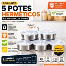 Potes Herméticos Inox 5 Peças ou 10 Peças ou 15 Peças com Tampa Redondos Kits Mantimentos Cozinha