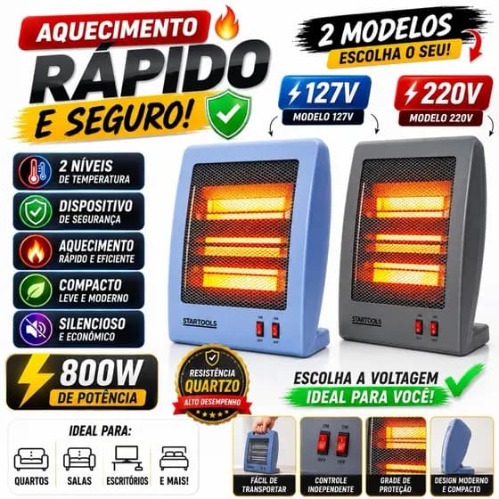 Aquecedor Elétrico Quartzo 220v ou 127v 800W Portátil 2 Temperaturas Aquecedor de Ambiente Cinza