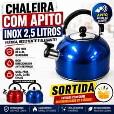 CHALEIRA INOX 2,5L Com Tampa Alça Térmica e APITO P Café SORTIDA I CONJUNTO Com 2 Copos de Café 90ml