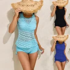 2026 Novo Traje de Banho Feminino de Renda e Malha, Tankini de Duas Peças, Conjunto de Biquíni de Três Peças