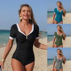 2026 Novo Estilo De Maiô Feminino De Uma Peça Com Mangas Curtas E Cores Contrastantes