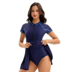 2026 Maiô De Uma Peça Com Mangas Curtas Conservadoras , design Triangular Esportivo , Bloqueio De Cores E Ajuste Justo