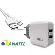 Carregador Tipo C e iPhone Kaidi 2 Entradas USB Completo Fonte + Cabo Carregamento Super Rapido