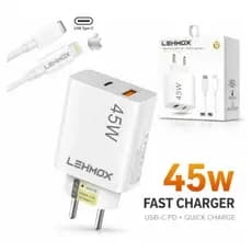Carregador iPhone Turbo 45W 2 Entradas USB e USBC Fonte + Cabo Lingtning 1Metro Completo