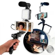 Kit Vlog Profissional 5 Em 1 Com Microfone LED E Tripé Android com Controle bluetooth