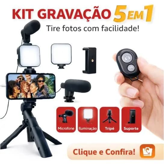 Tripé Estabilizador de Mão kit 5 em 1 gimbal Microfone Celular Gravação De Vídeo para Youtuber c LED