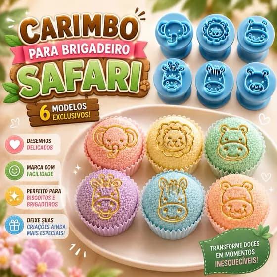 Kit Carimbos para Brigadeiro Docinho Safari com 6 Peças Confeitaria Doces Pasta Americana