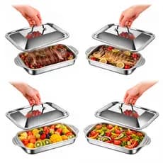 Kit 4 Assadeiras Inox Com Tampa Retangular Antiaderente Aço Inox 304 Multiuso