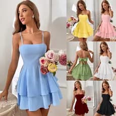 2026 verão puro algodão quadrado pescoço estilingue saia evasê doce fresco cintura alta arco amarrado vestido Slim-Fit