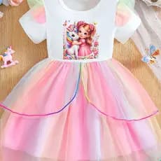 Estoque pronto frete grátis vestido infantil verão novo estilo vestido estilo ocidental gaze saia gaze desenho animado p