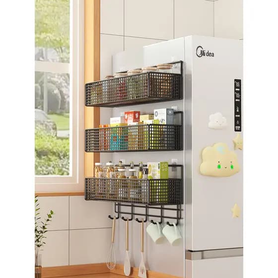 Prateleira de geladeira armazenamento lateral cozinha multifuncional condimento lado Multi-camada pendurado gancho later