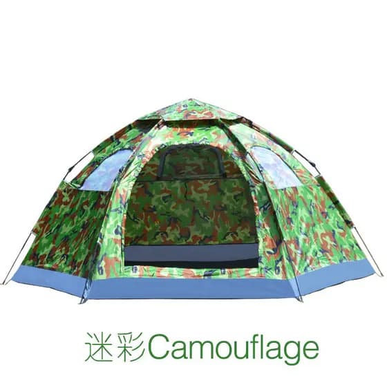 Tenda preguiçosa ao ar livre camuflada 6-8 pessoas porta dupla 4 janelas Hexagonal barraca de acampamento automática bar