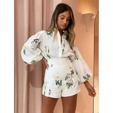 Terno casual Estampado Feminino Camisa Estampada Feminina Shorts De Cintura Alta