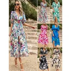 Vestido Estampado Com Decote Em V Profundo Na Cintura Feminino
