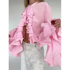 Camisa Feminina De Manga Comprida Com Babados De Cor Sólida