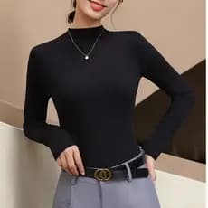 Zhenweisi 2026 Primavera Outono Novo Estilo Cor Sólida All-Match Manga Comprida Gola Meia Alta Estilo Básico Slim-Fit