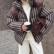 Jaqueta de algodão com capuz2025 inverno feminino Cross-Border quente gola alta listrado jaqueta de algodão com capuz