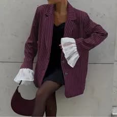 Europeu americano primavera outono novo estilo temperamento listrado Blazer feminino Design sentido renda trompete manga