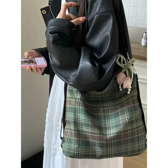 Versão coreana Casual xadrez saco feminino único All-Match bolsa de ombro estudante classe saco de escola Multi-Purpose