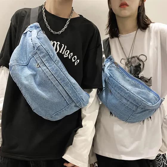 Ins saco feminino saco do mensageiro moda Super quente All-Match Denim saco de peito masculino cintura saco rua Wear est